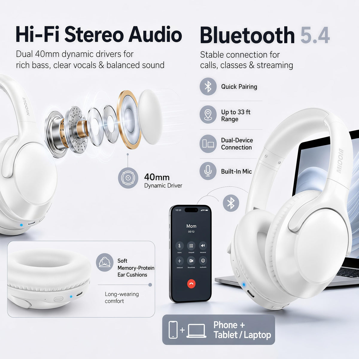 Midola headset with included cable and charging kit.