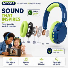 Midola adjustable headband blue headphones for growing kids.