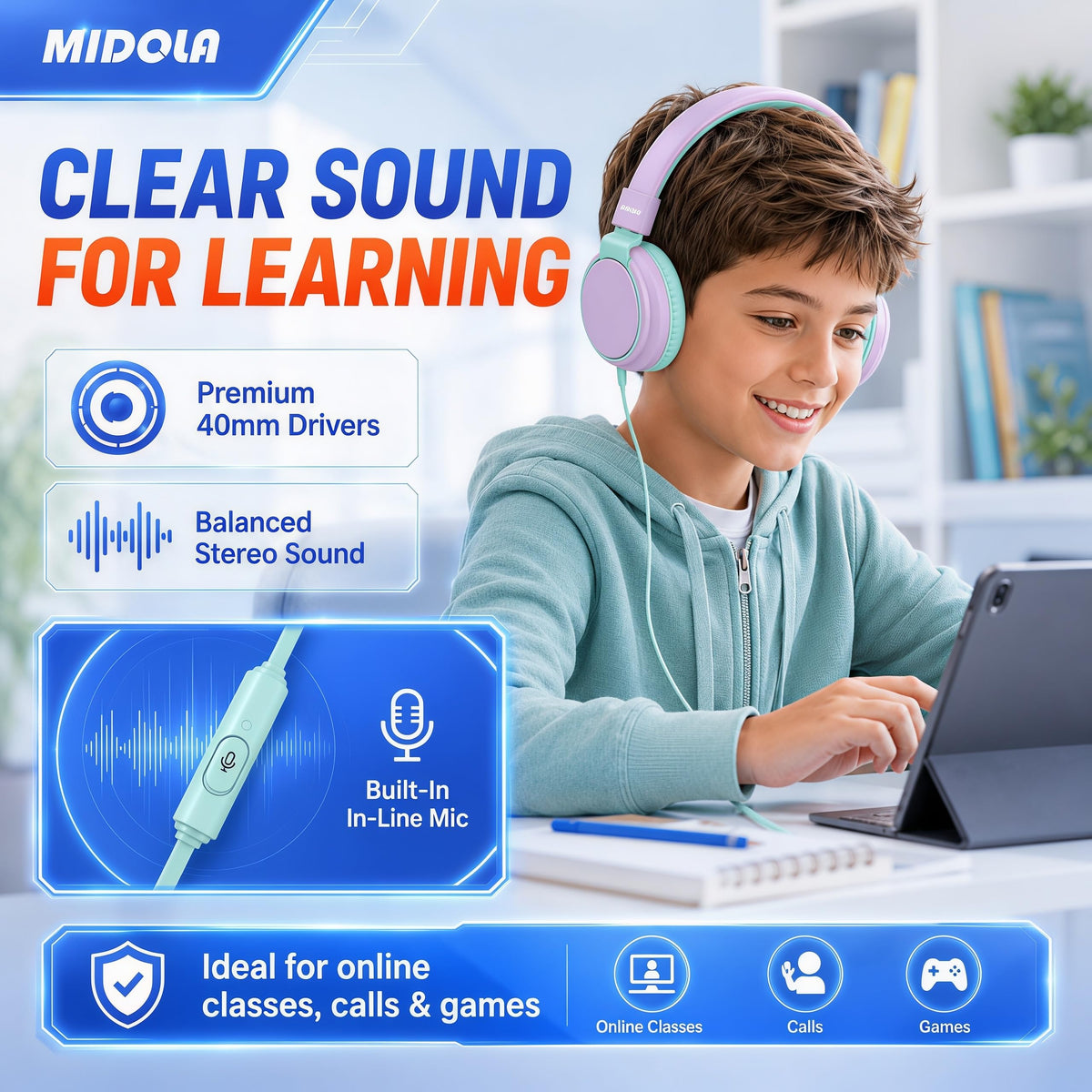 MIDOLA Headphones built-in mic handy for online classes.