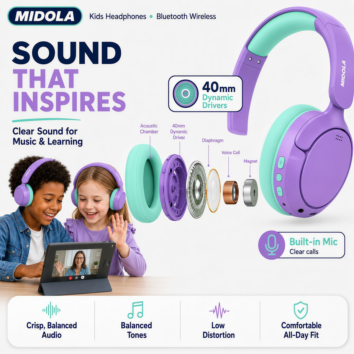 MIDOLA built-in mic makes calls and online lessons easy.