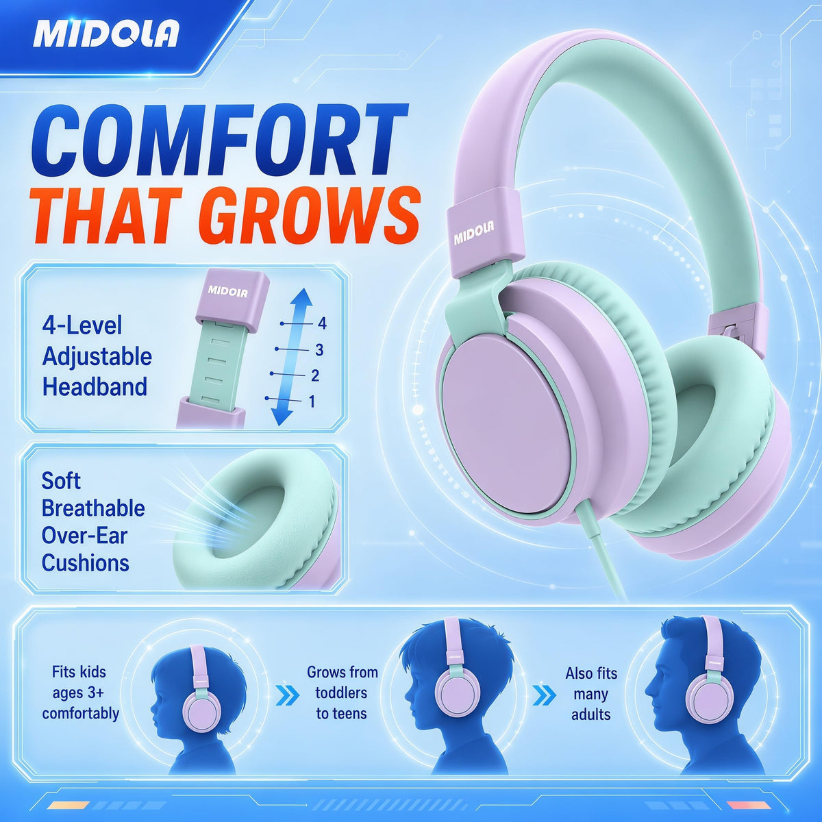 MIDOLA Headphones foldable design fits in school backpacks.