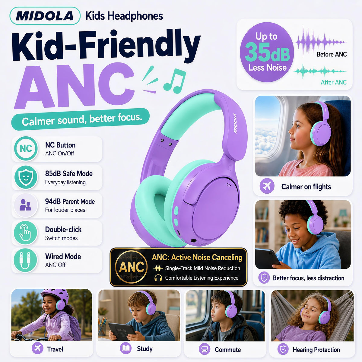 MIDOLA foldable purple design headphones provide everyday portability.
