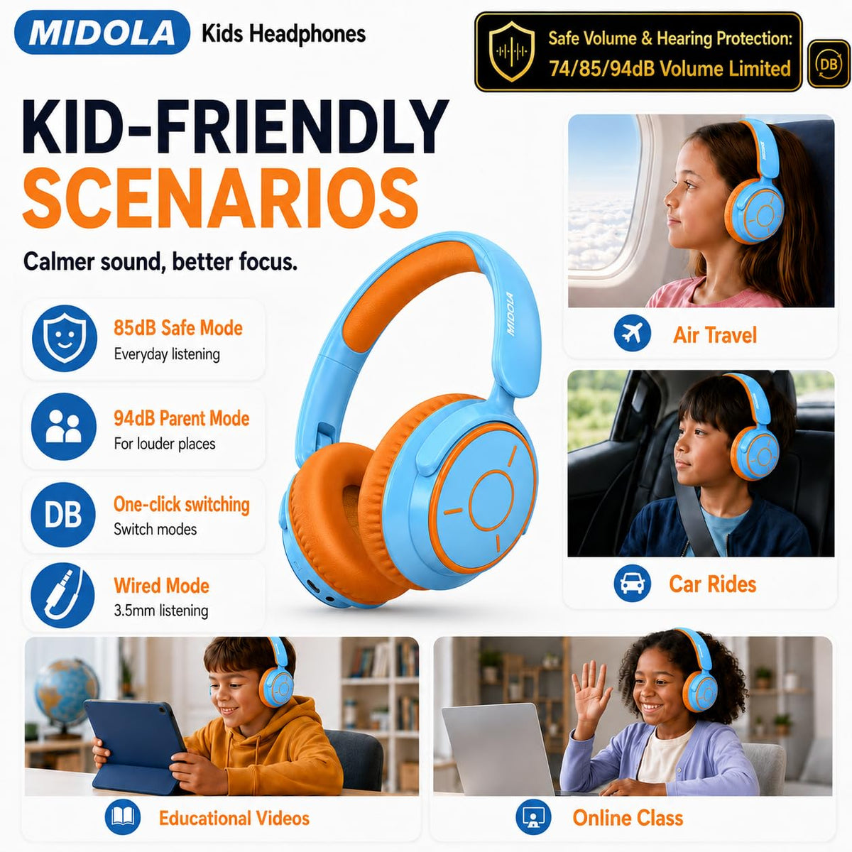 MIDOLA headphones with a dB button for safe volume control