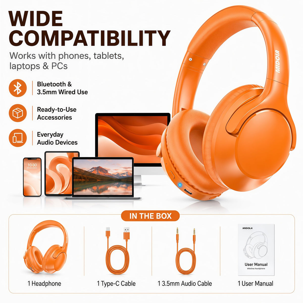 MIDOLA wired listening option via 3.5 mm cable when battery runs low