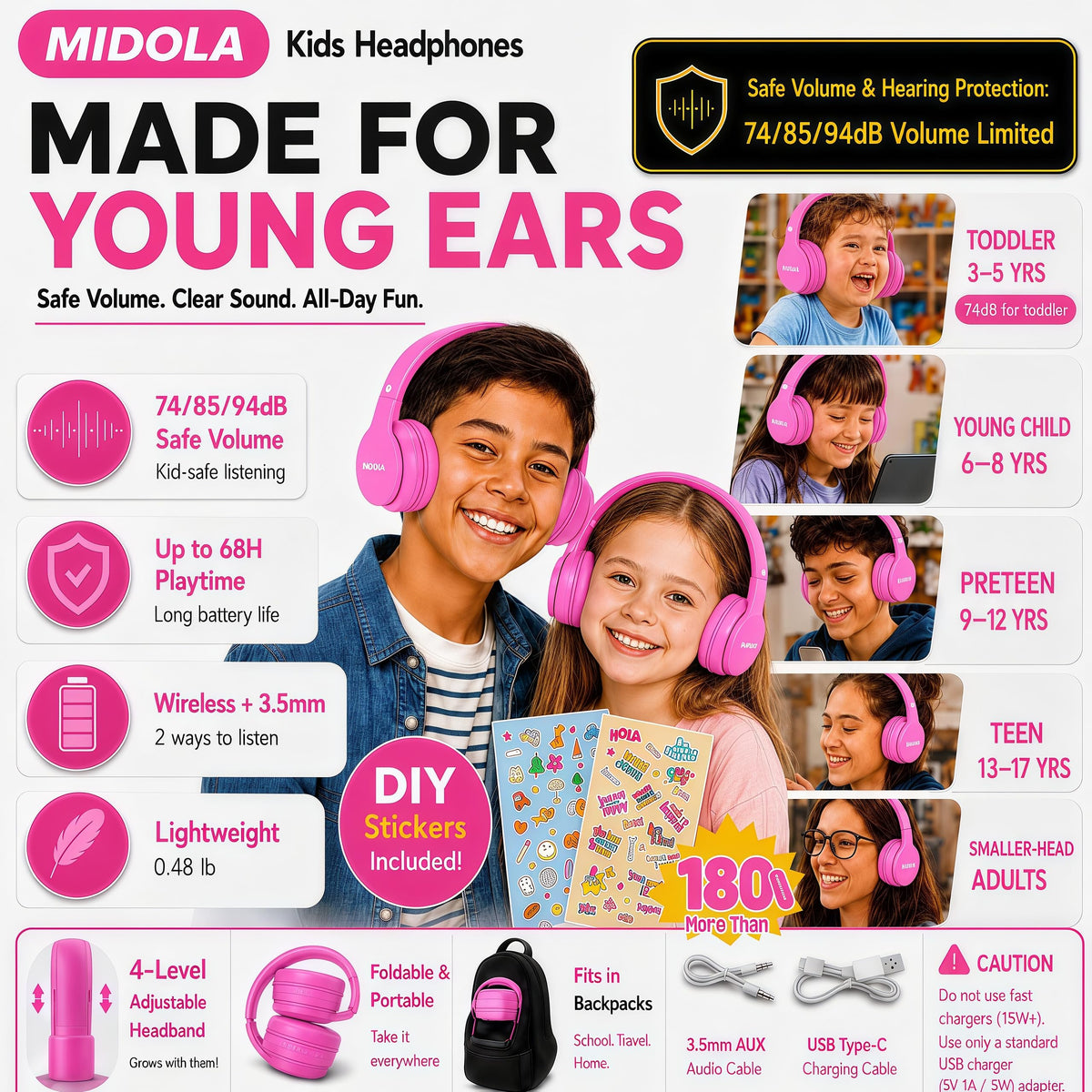 Hot pink MIDOLA foldable headphones easy to stash after class