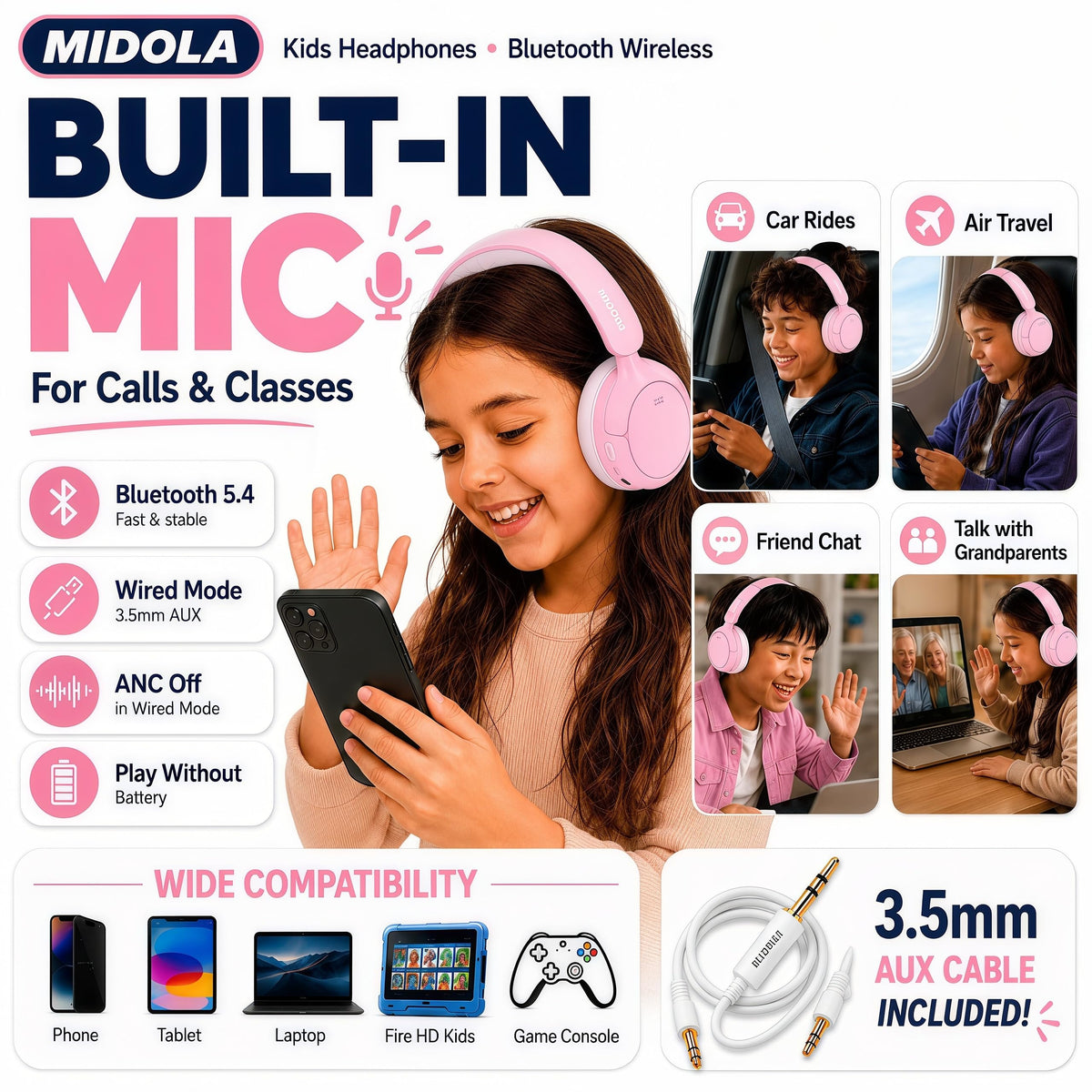 40mm drivers deliver crisp audio for music and online classes.