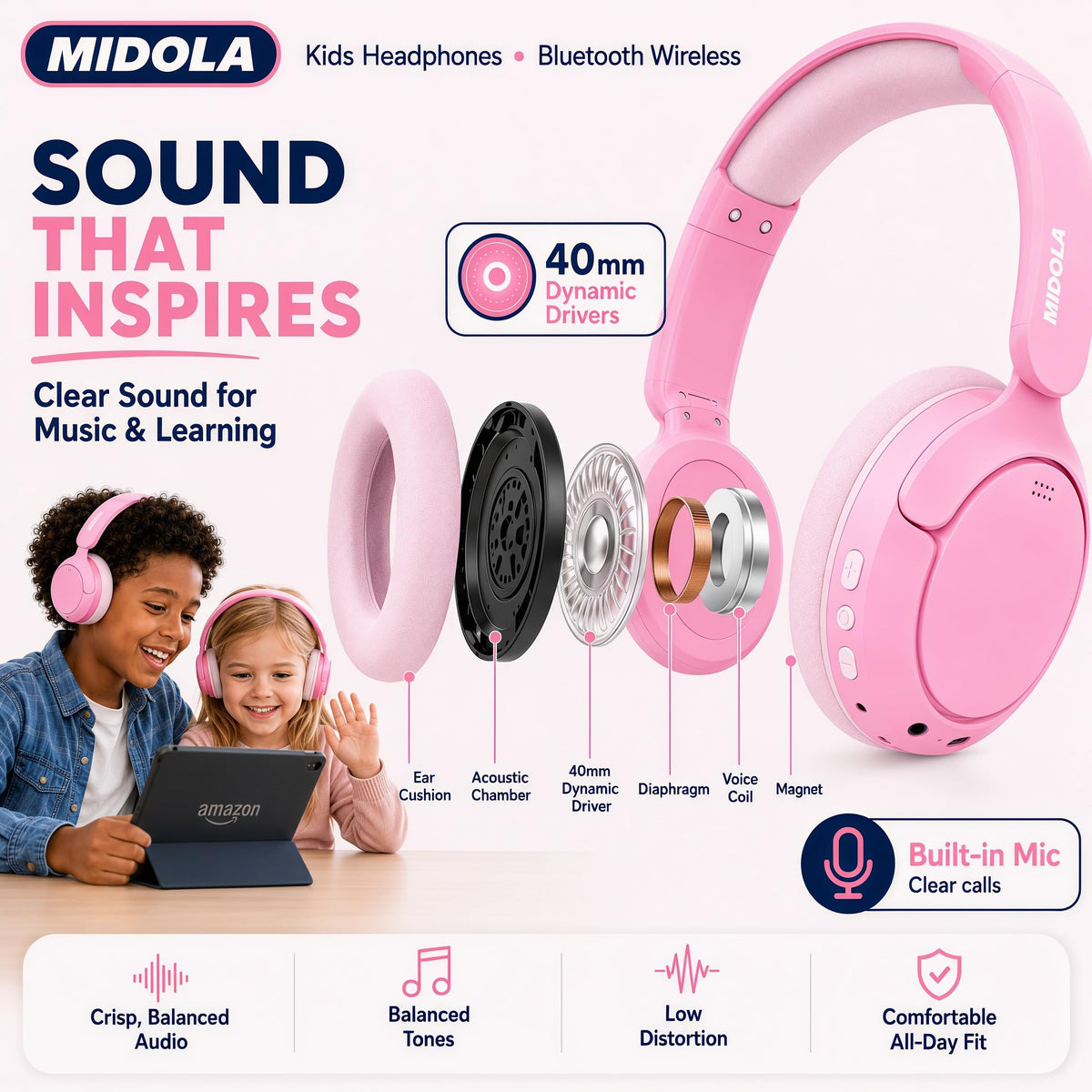 Built-in mic supports clear conversations with teachers and friends.