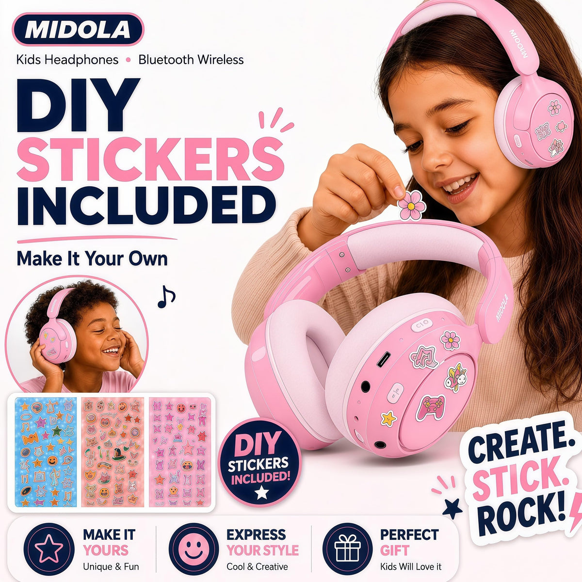 Extendable four‑level headband fits toddlers to teens securely.
