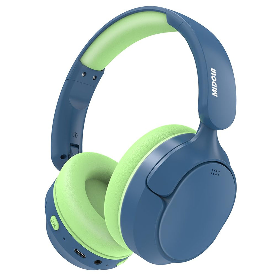 Midola Kids Bluetooth headphones folded blue for compact travel.