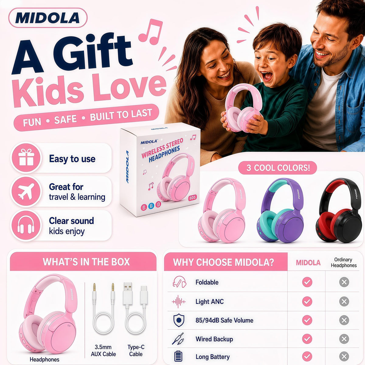 Lightweight headset designed for kids, comfortable for all‑day wear.