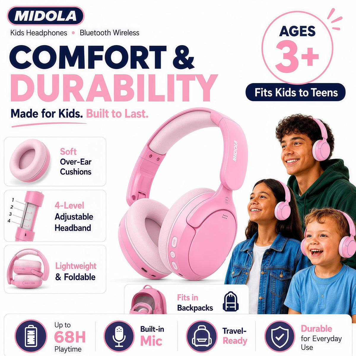 Pink color finish adds a playful touch to kid headphones.