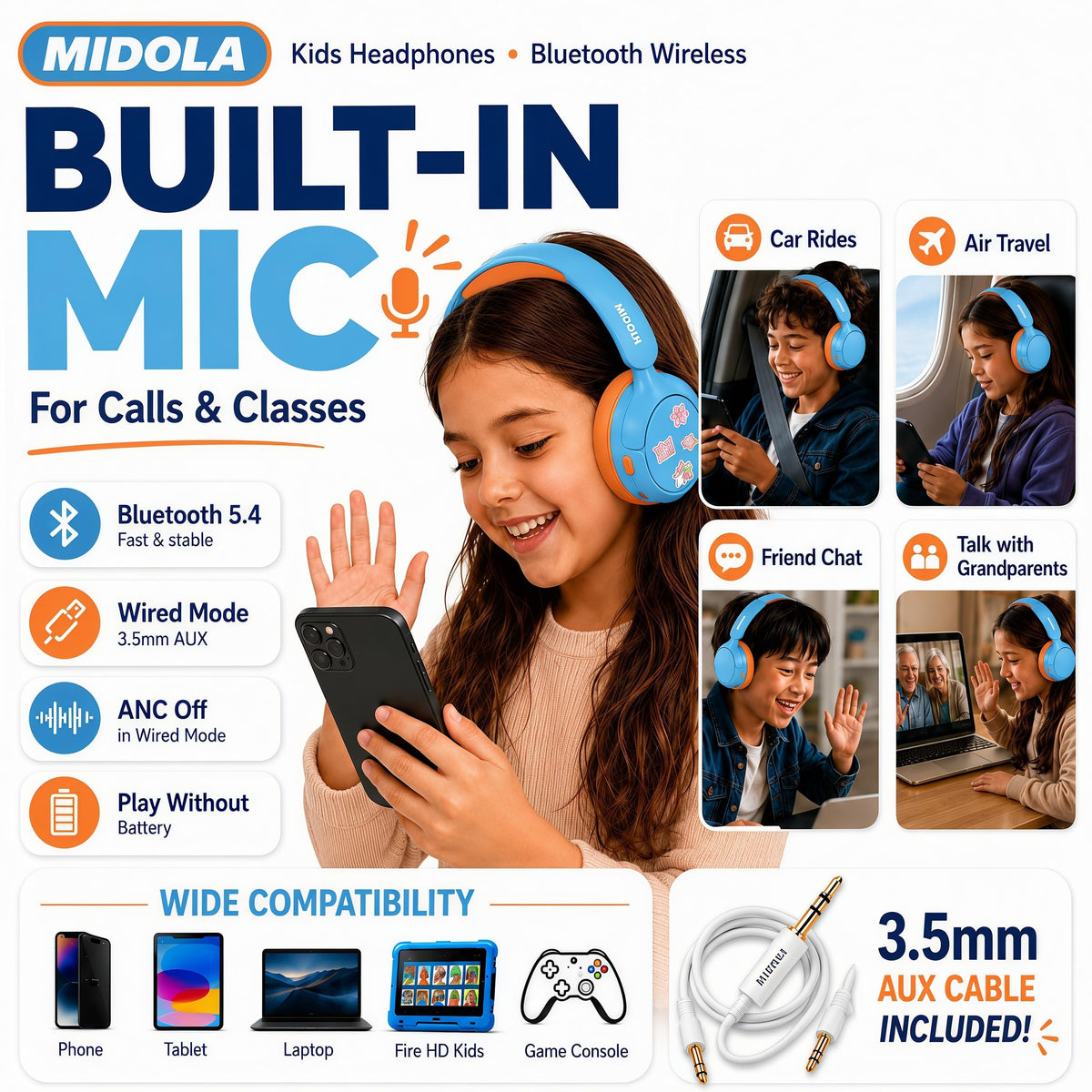 MIDOLA Kids Foldable Over-Ear design shown in Sky Blue for easy travel.