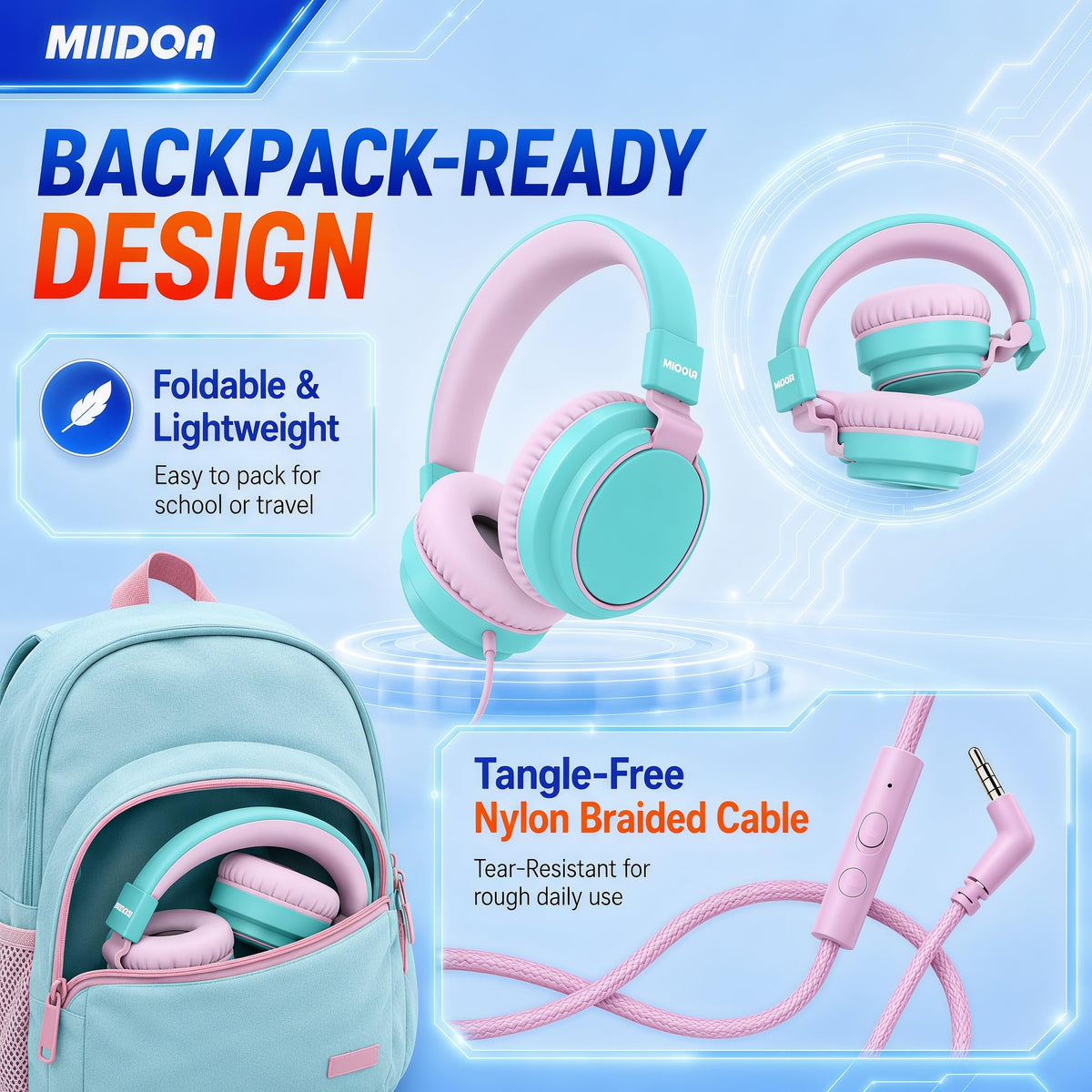 MIDOLA Kid headphones cyan 1.2m cord enabling flexible device use