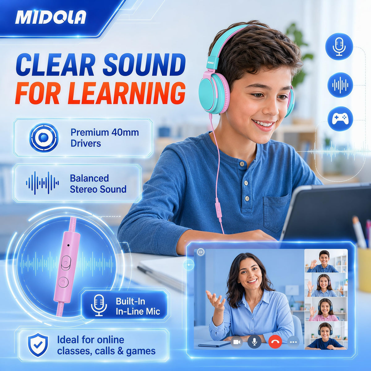 MIDOLA Kid headphones cyan built-in mic for calls and quick controls