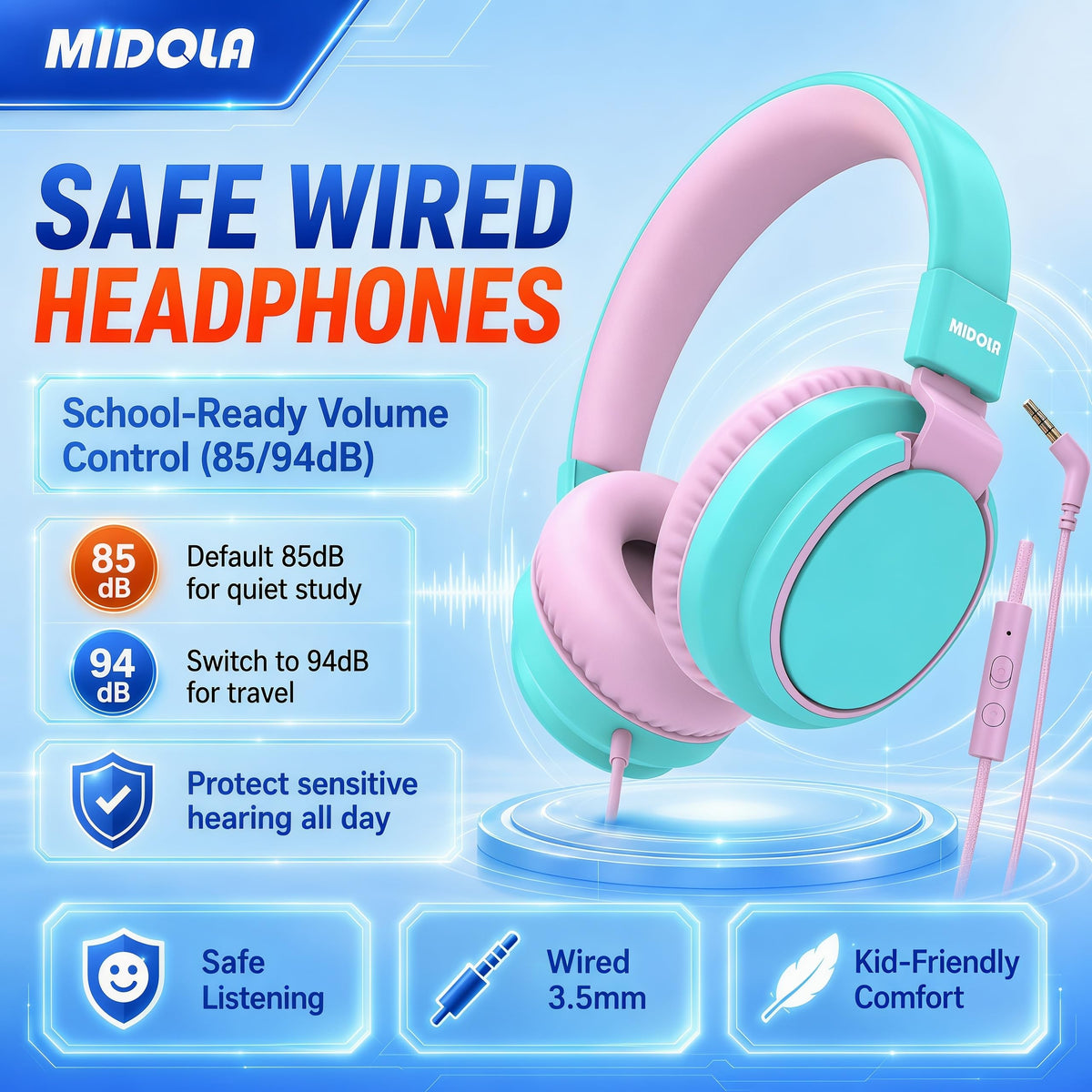 MIDOLA Kid headphones cyan in use on-ear for study sessions