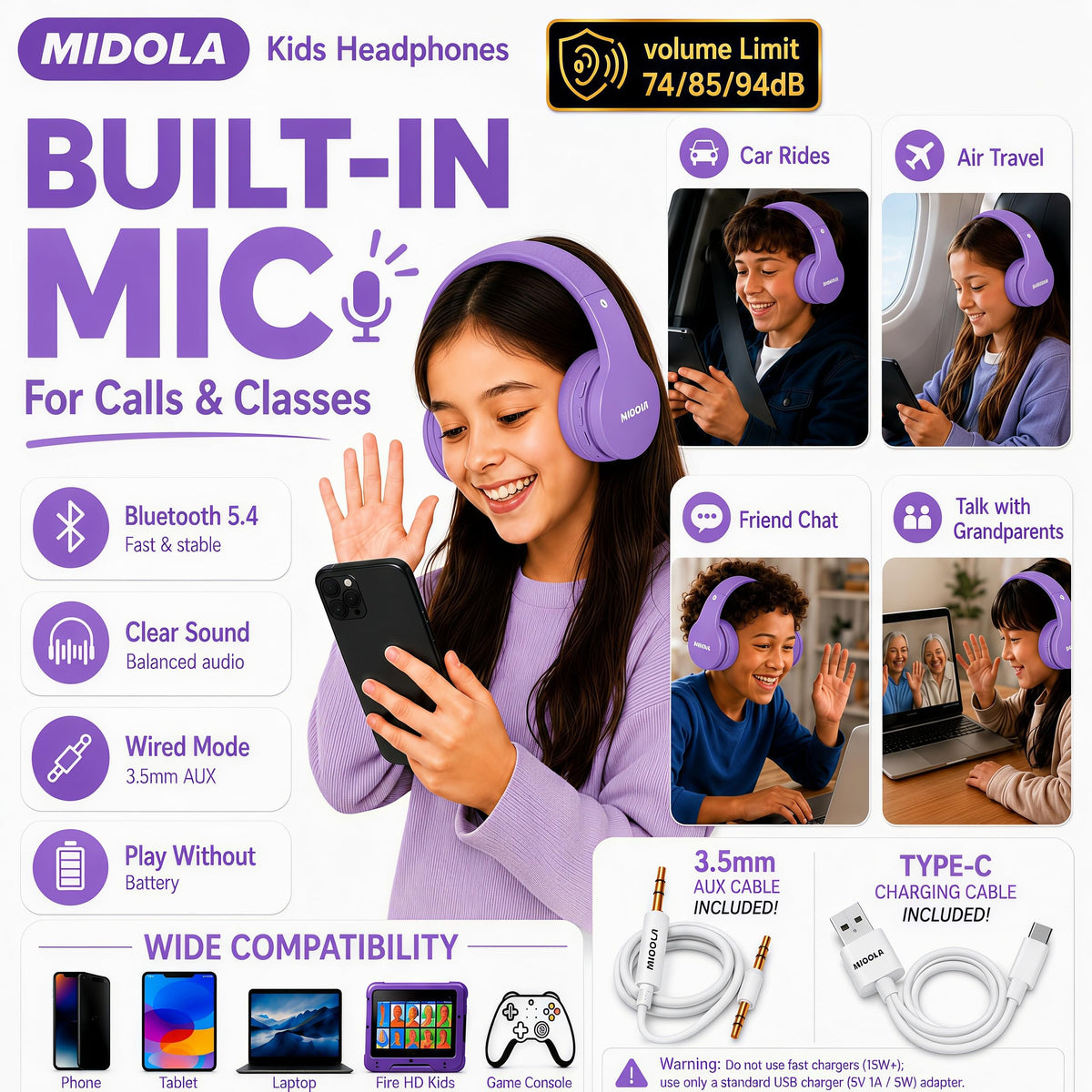 MIDOLA 4-level headband adjusts from toddlers to teens for a perfect fit.