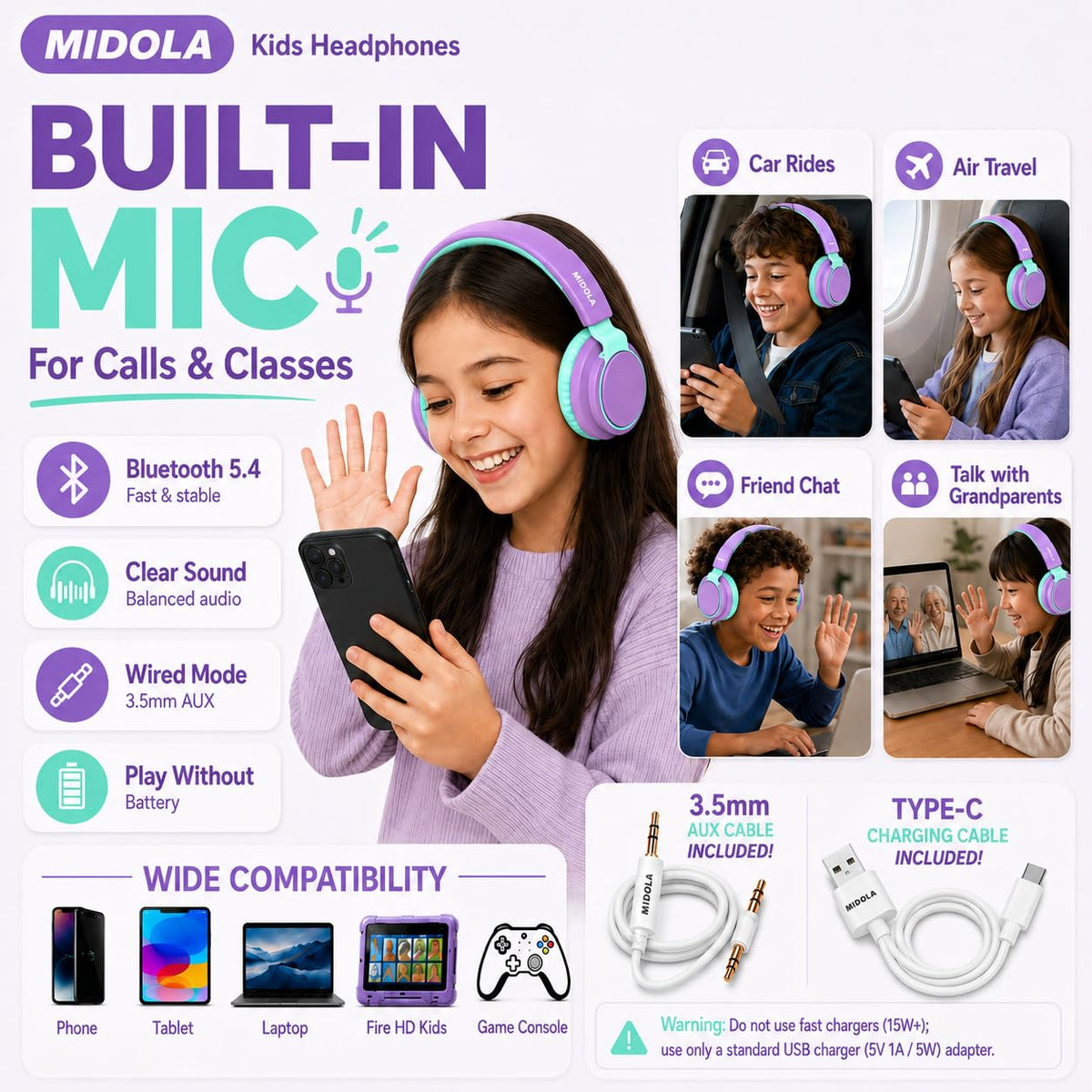 Midola 40mm drivers deliver clear stereo sound for kids