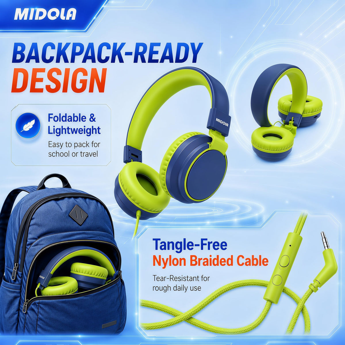 Midola Kids Headphones 40mm drivers deliver clear, balanced sound.