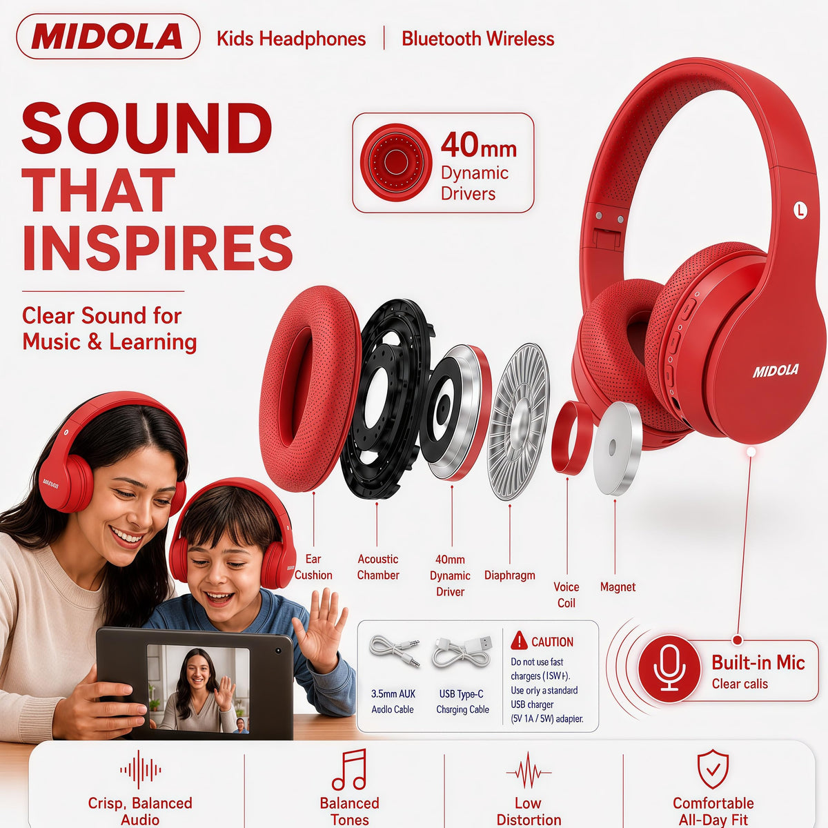 MIDOLA Kids Headphones 40mm drivers for clear stereo sound
