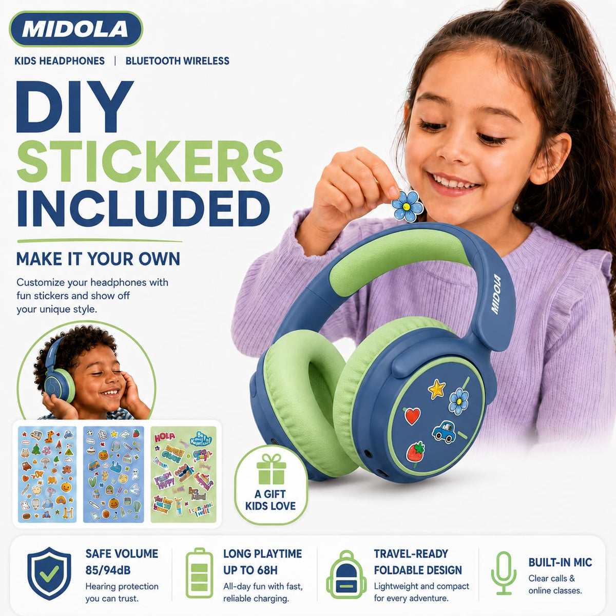 MIDOLA Kids headphones up to 68 hours of wireless battery life