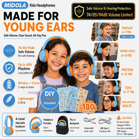 MIDOLA kids headphones with 68h play time for long trips