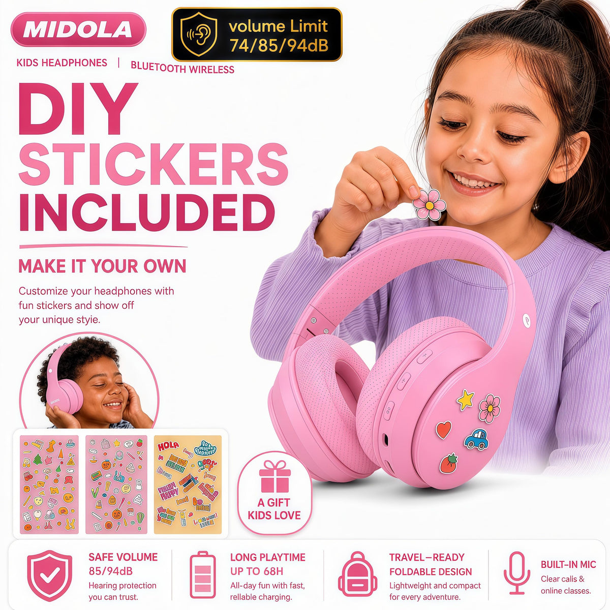 MIDOLA adjustable headband and foldable design for growing kids