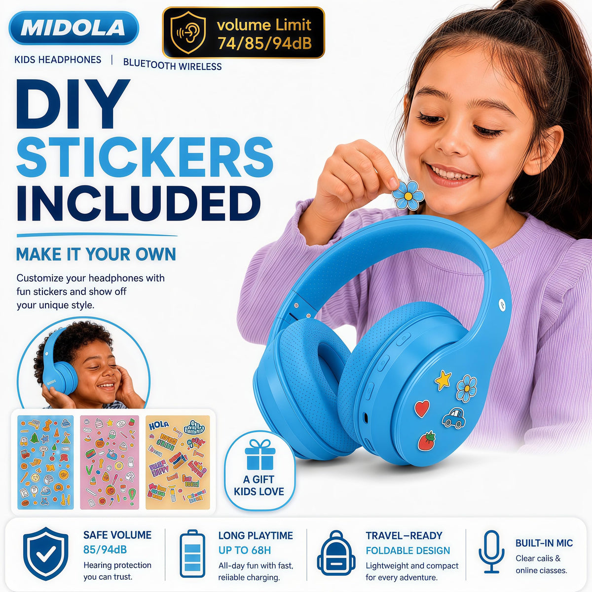 Midola adjustable headband grows with children for comfortable fit.