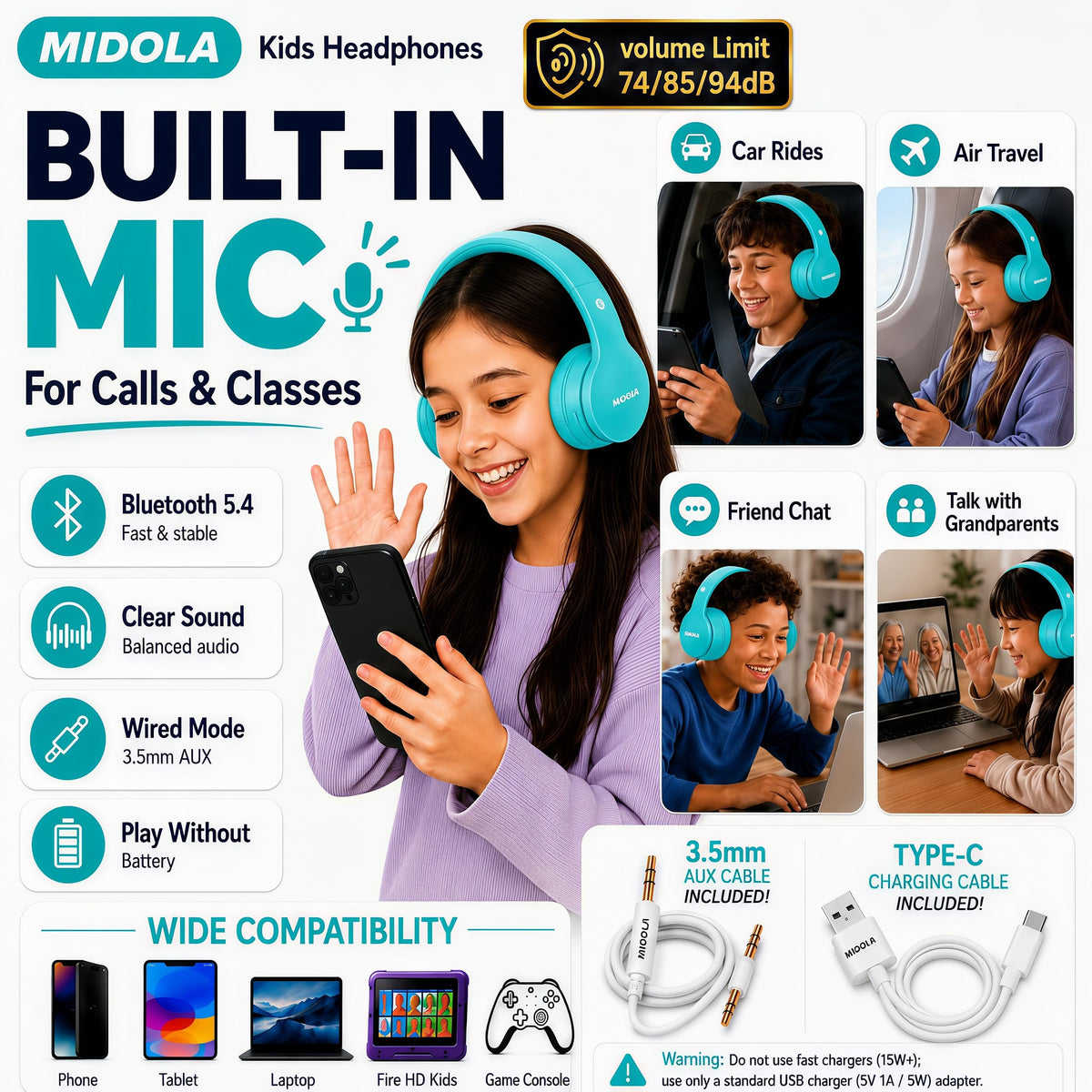 Durable, reinforced materials on Midola headphones withstand kid use.