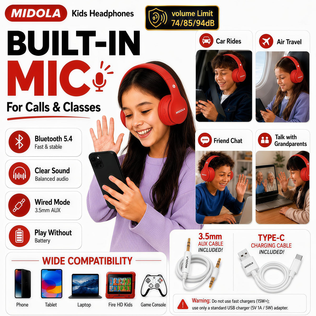 MIDOLA Kids Headphones adjustable headband for growing kids