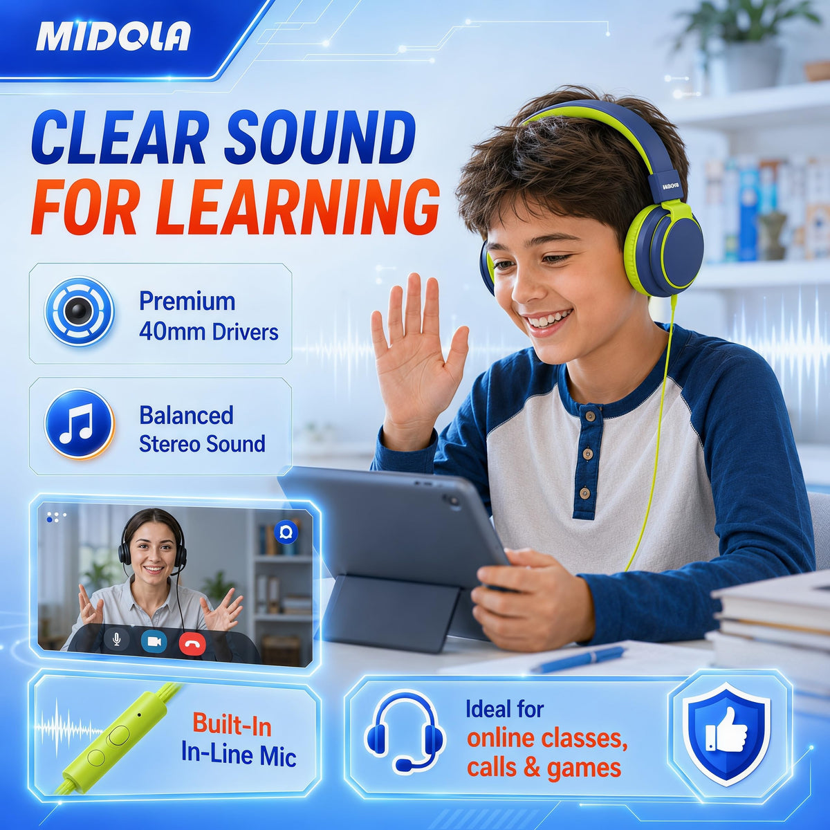 Midola Kids Headphones with adjustable headband for growing children.