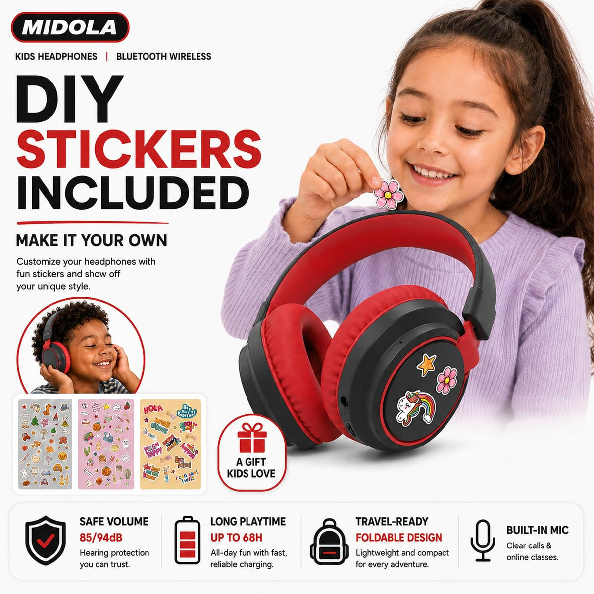 MIDOLA Kids Headphones adjustable headband fits growing kids securely.