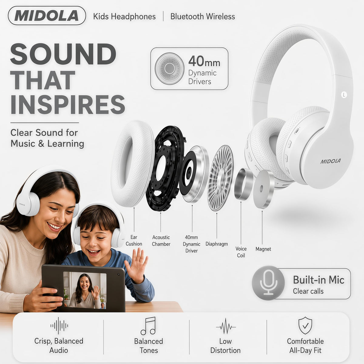 MIDOLA detachable 3.5 mm aux cord for wired listening when needed.