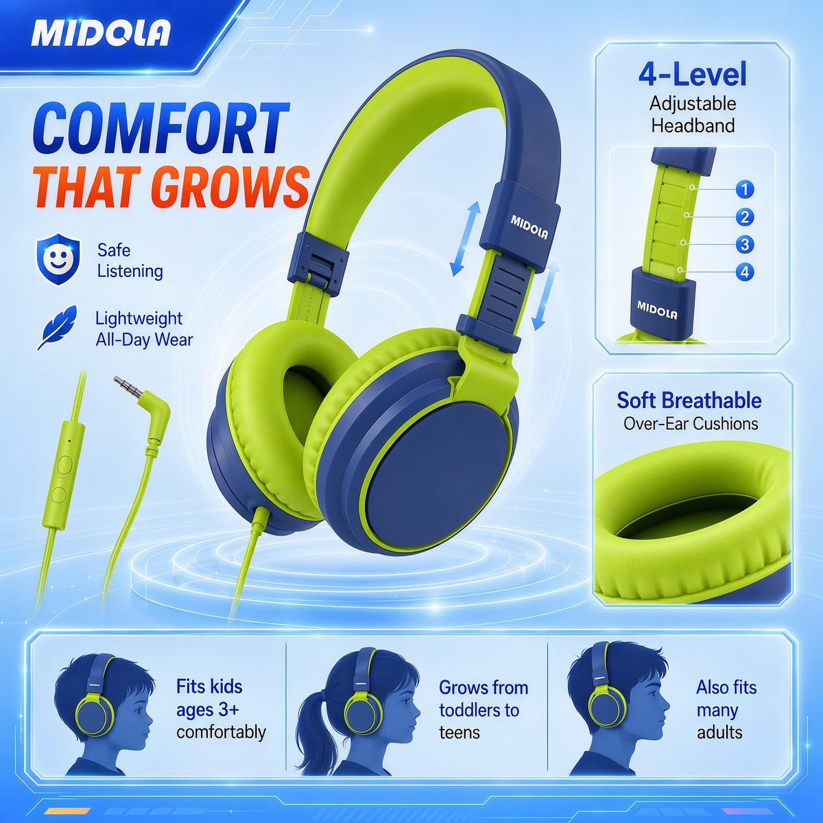 Midola Kids Headphones fit neatly in backpacks for travel.