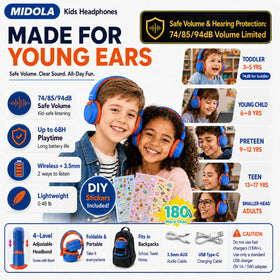 MIDOLA blue adjustable headband headphones for growing kids.