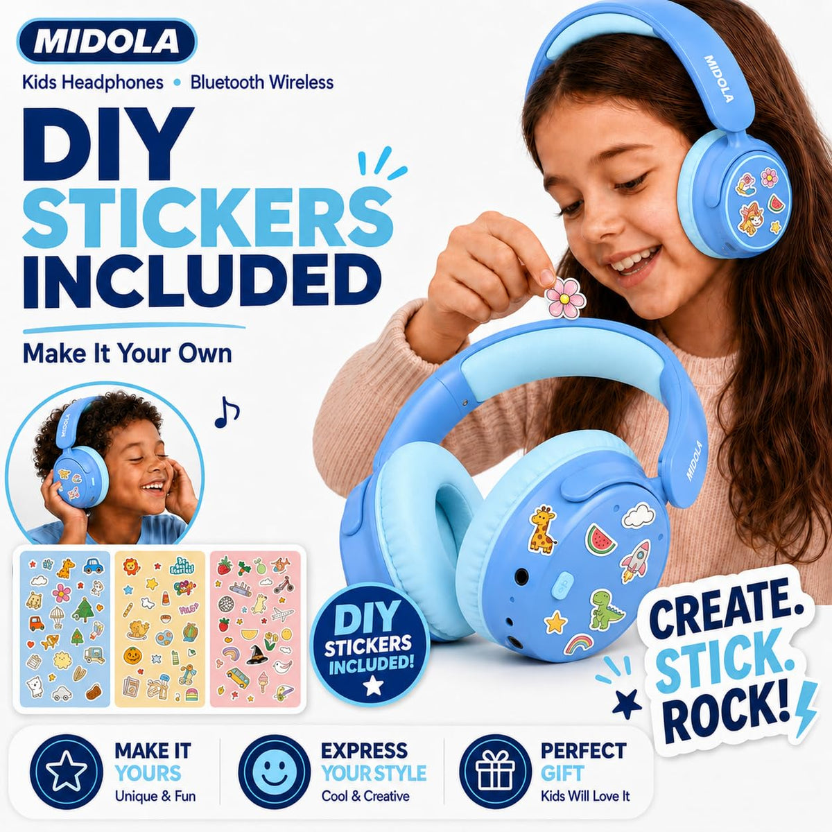 MIDOLA blue color adds a playful, kid-friendly look.