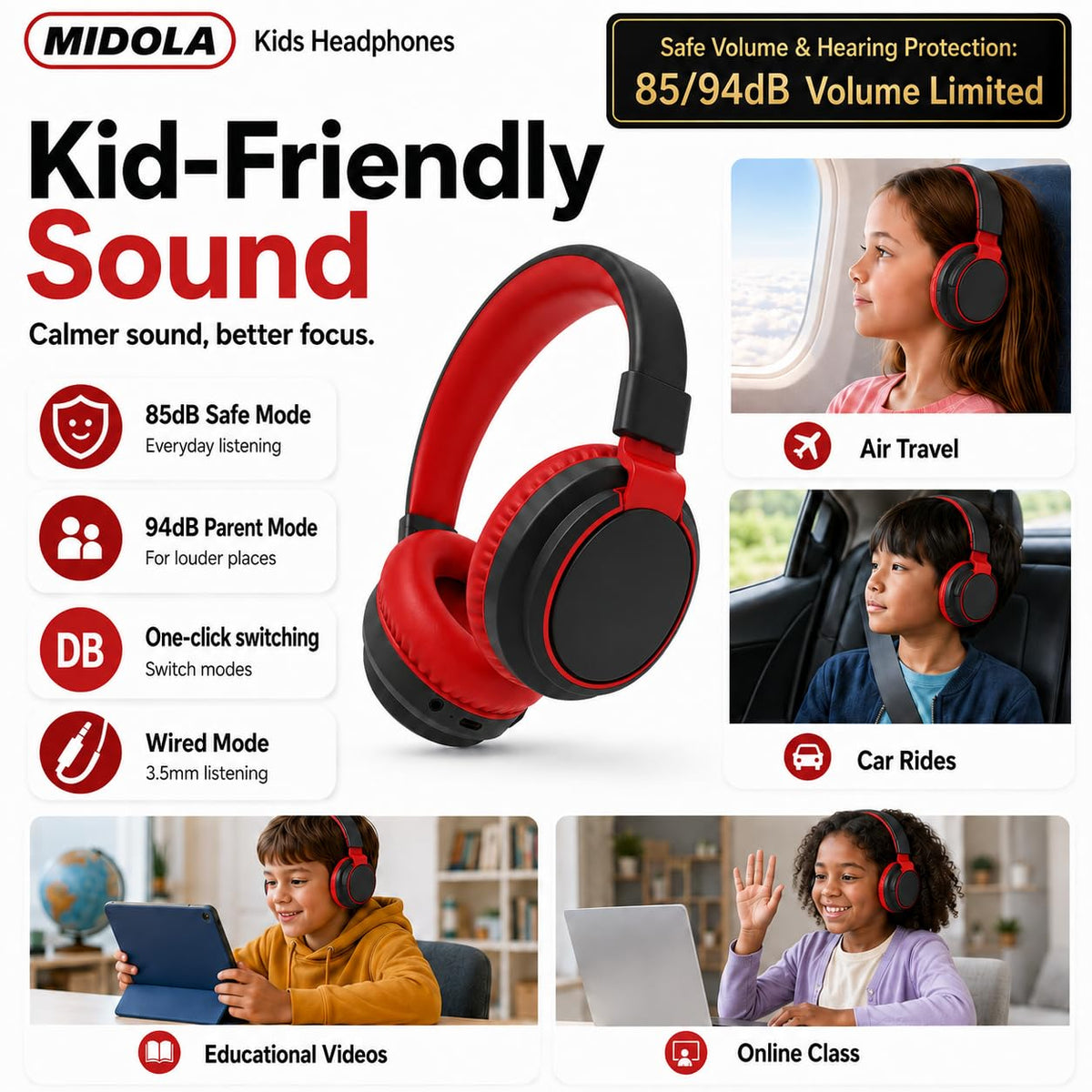 MIDOLA Kids Headphones Bluetooth 5-4 enables wireless streaming and quick pairing.