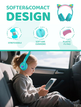 Midola Kids Headphones Bluetooth 5.3 with 60h playtime and RGB lighting.