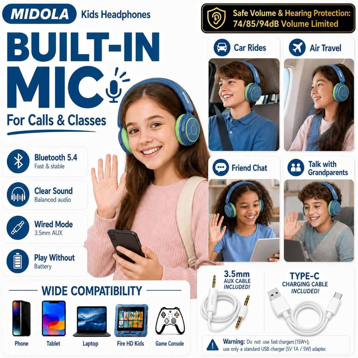 MIDOLA Kids headphones with Bluetooth 5.4 for quick pairing