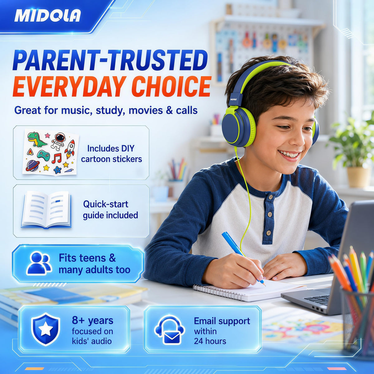 Midola Kids Headphones built-in mic for online classes and calls.