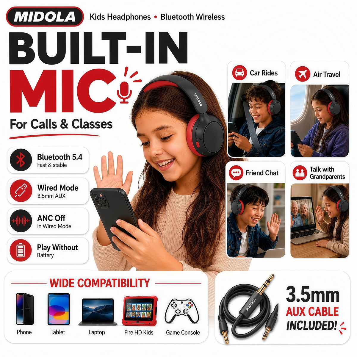 Midola Headphones built-in mic for hands-free calls and learning apps