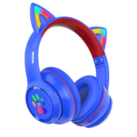 Midola Kids Headphones with cat ears and blue LED light for on-the-go listening.