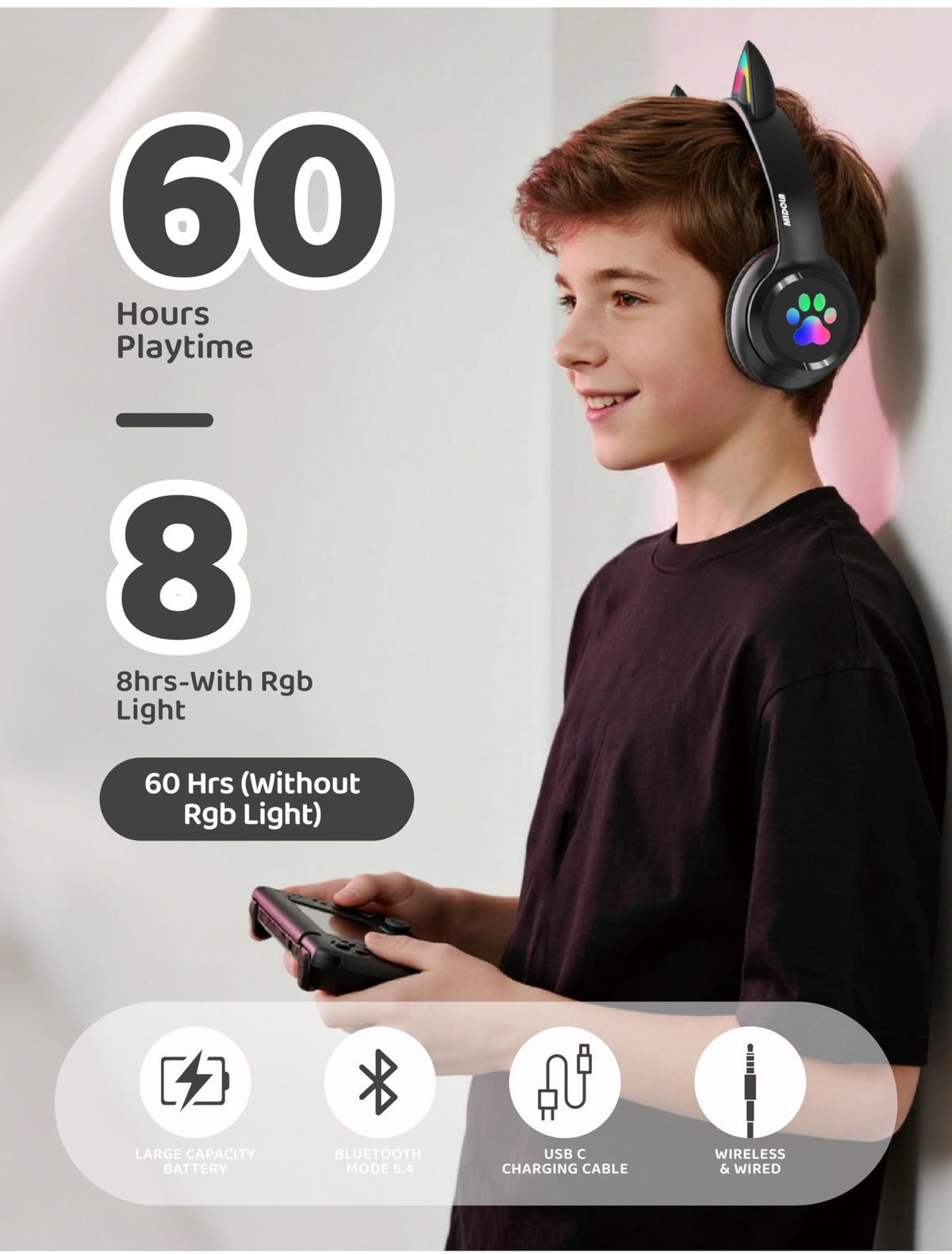 MIDOLA Kids Headphones LED light on for fun listening