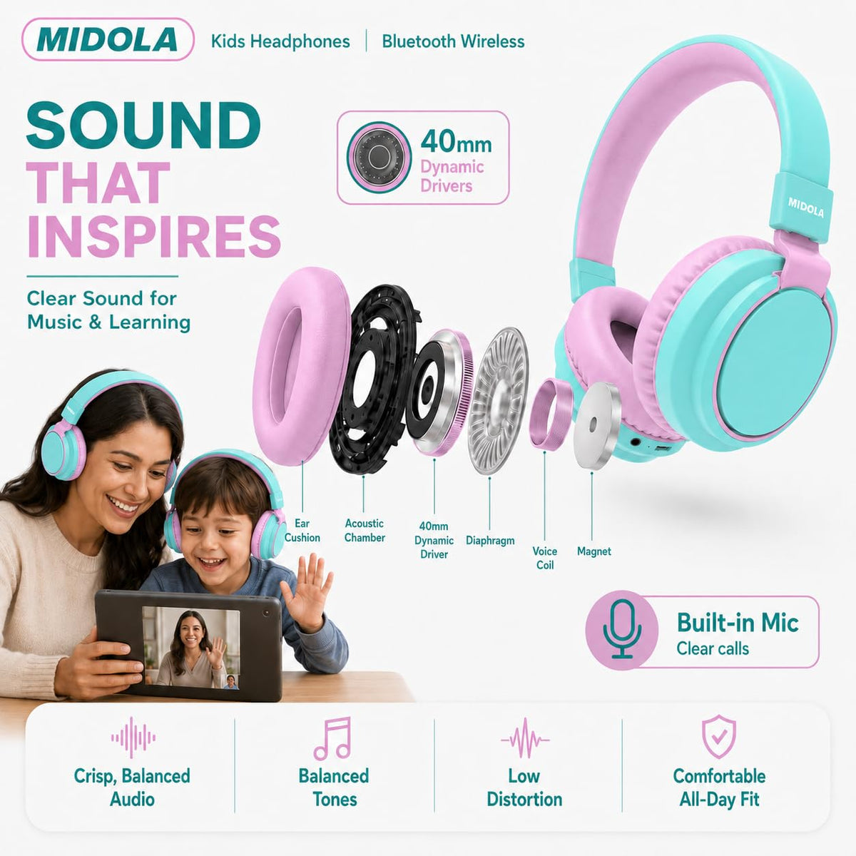 Detachable cord reduces tangling risk on MIDOLA headphones.