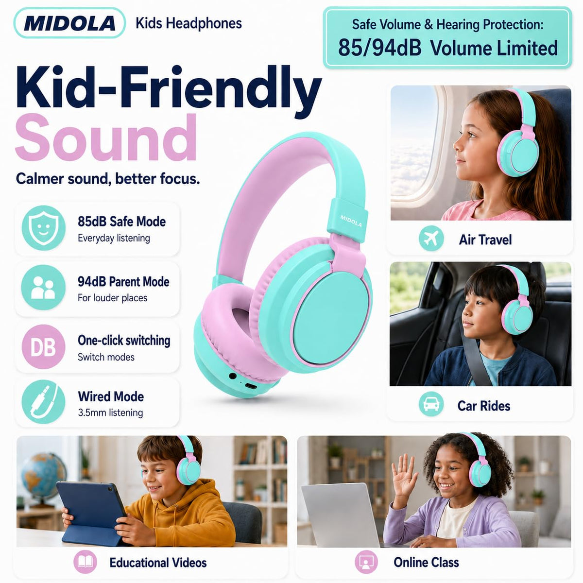 Adjustable headband on MIDOLA headphones for growing kids.