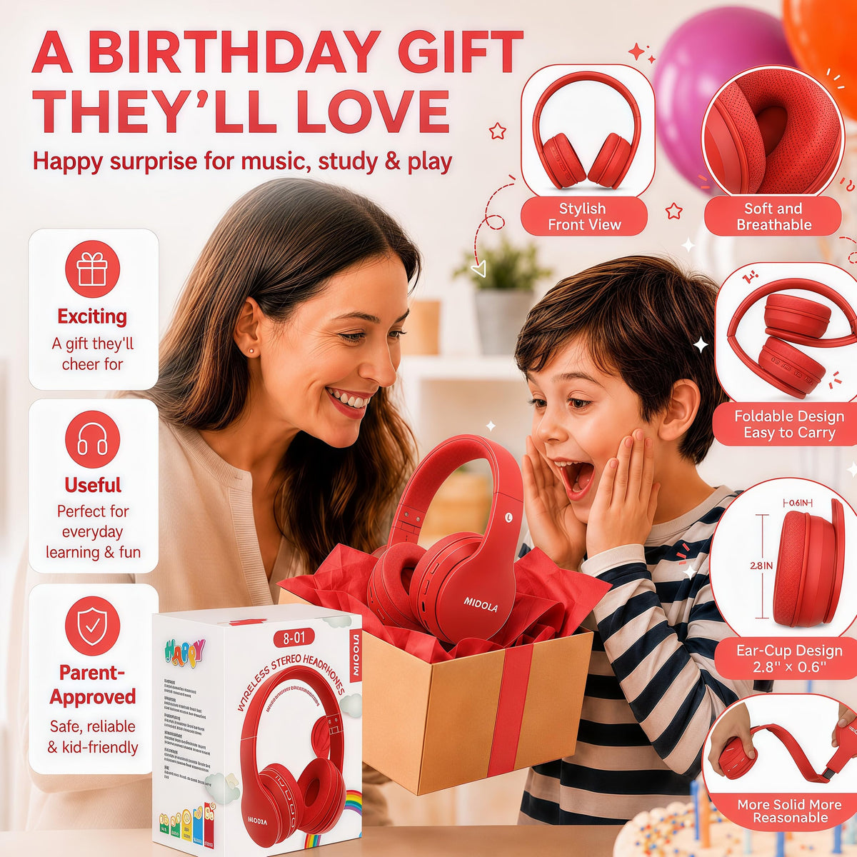 MIDOLA Kids Headphones detachable audio cord for wired listening