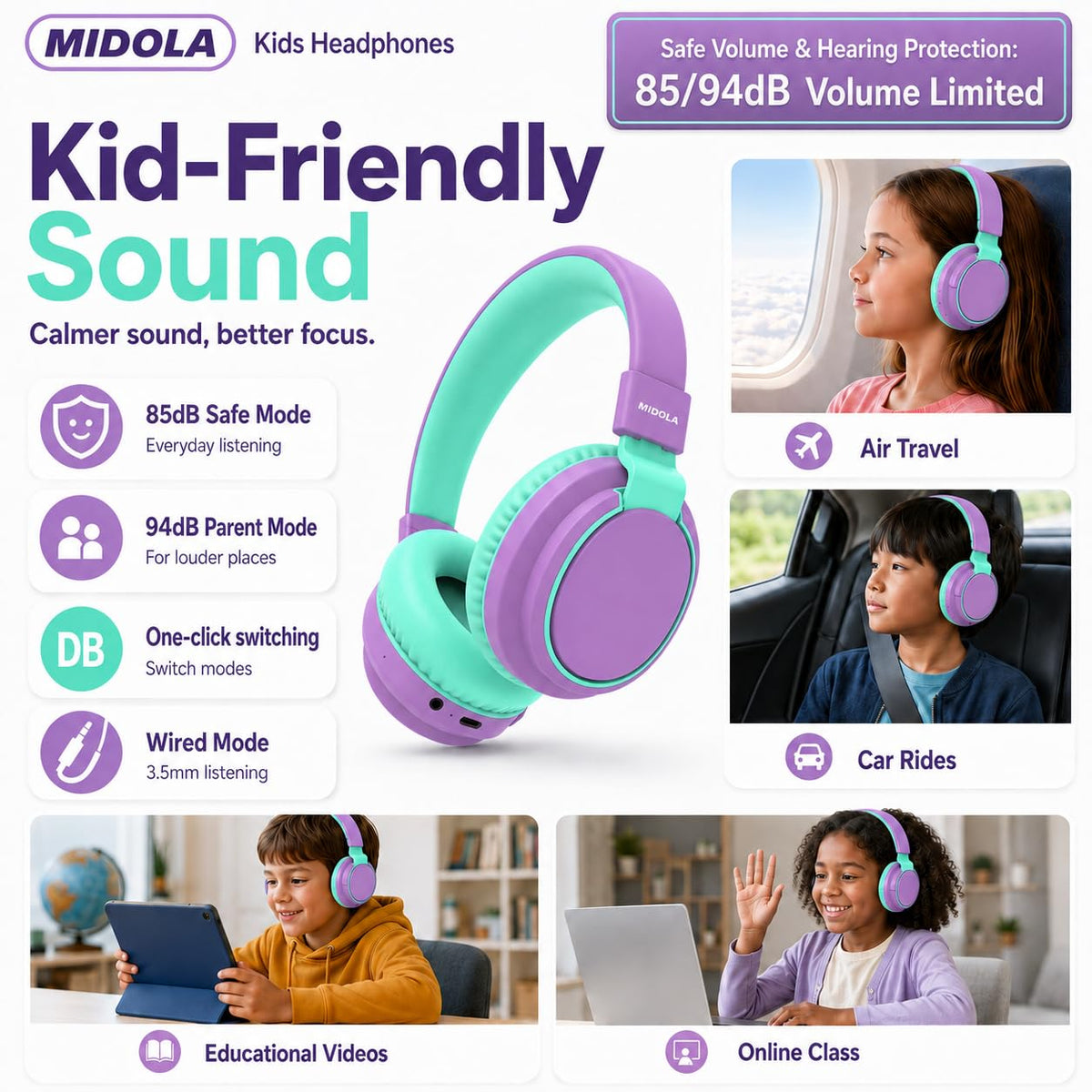 Midola headphones detachable AUX cord for wired listening when needed