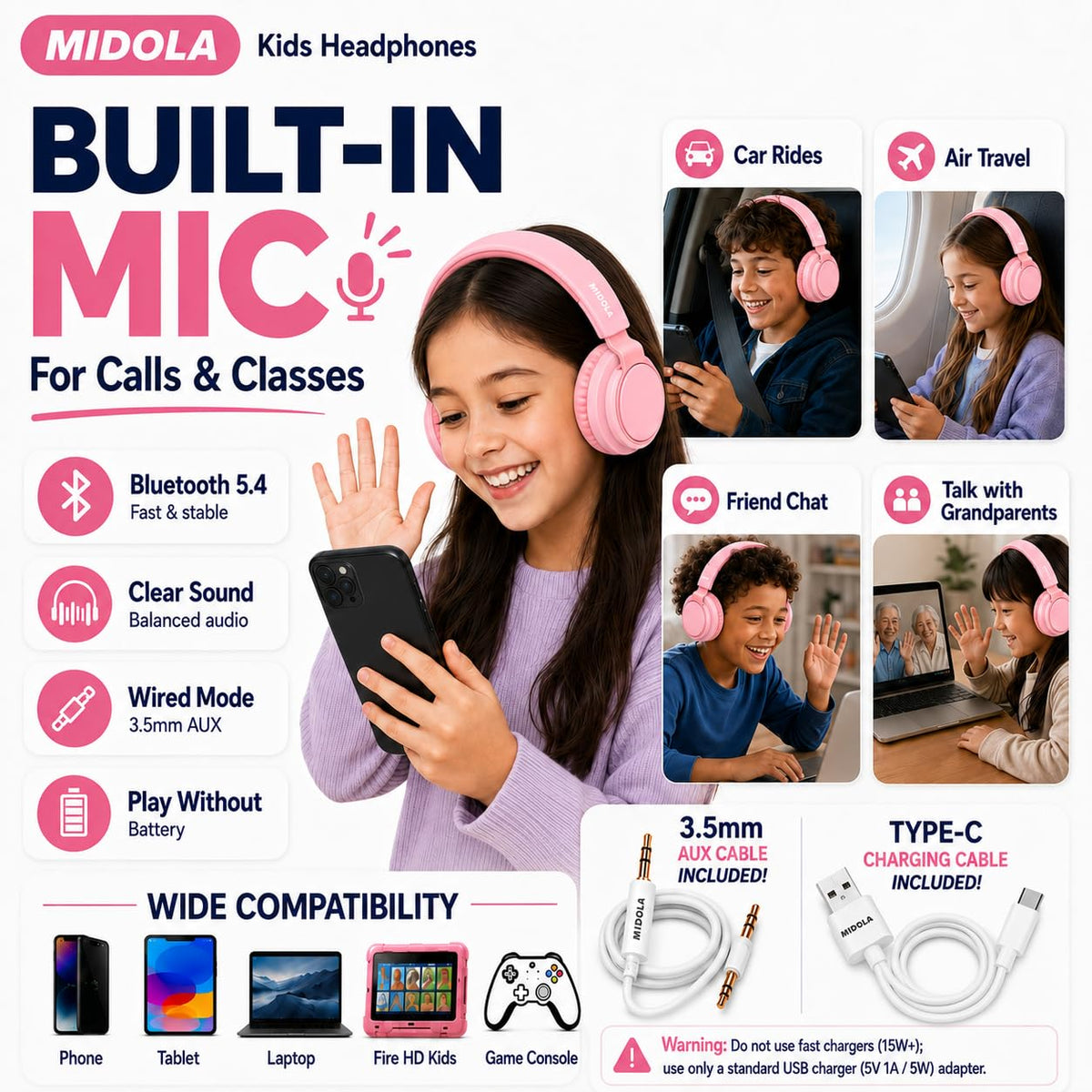 MIDOLA detachable 3.5mm aux cord for wired listening