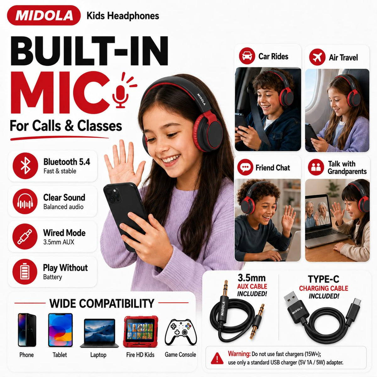 MIDOLA Kids Headphones detachable aux cord supports easy wired listening.