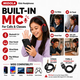 MIDOLA Kids Headphones detachable aux cord supports easy wired listening.