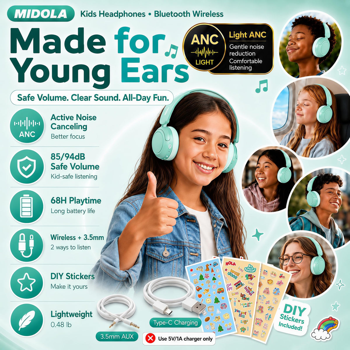 Midola headphones ergonomic design fits growing heads comfortably.